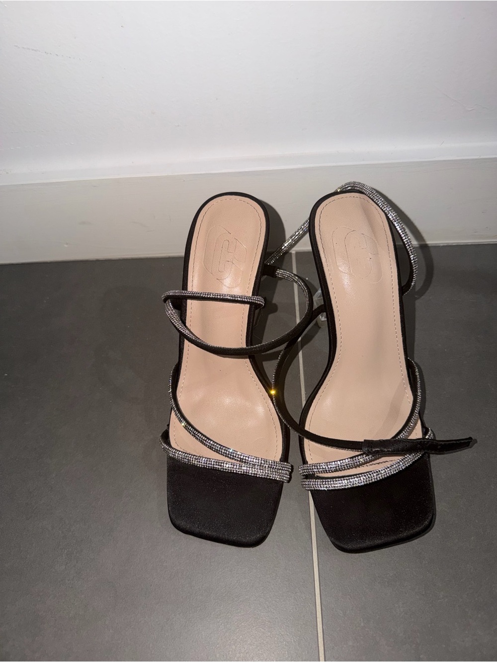 Black Strappy Rhinestone Detail Women's Heeled Sandals
